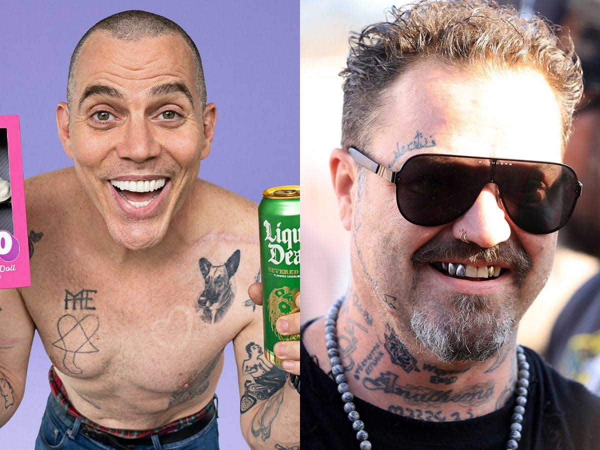 Steve-O with his Liquid Death voodoo doll and Bam Margera at X Games California on July 21, 2023.