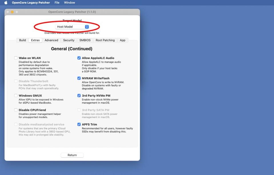 Set the target Mac model in the Settings window.