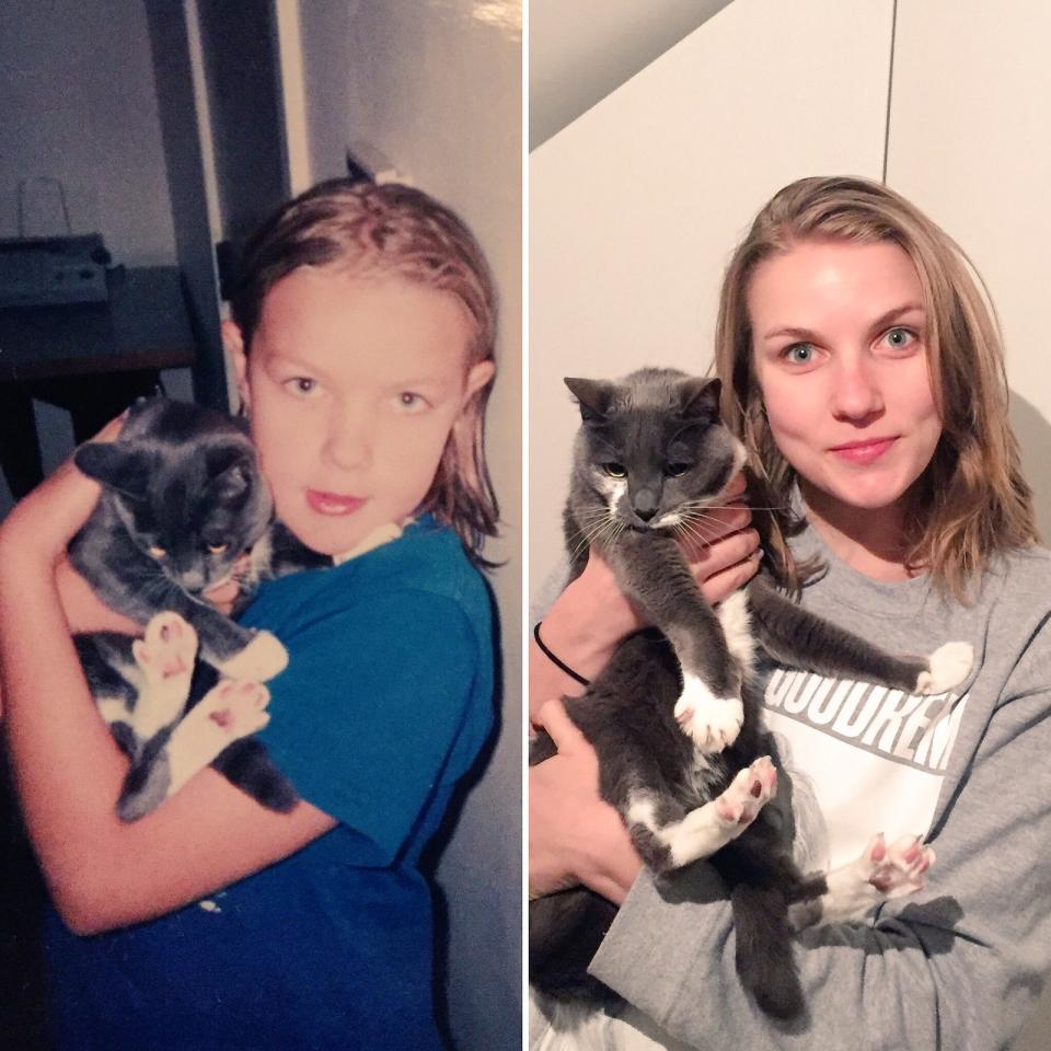 a girl holding a kitten; the girl and kitten grown up