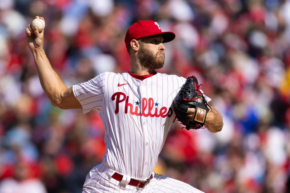 Philadelphia Phillies starting pitcher Zack Wheeler (45) throws a pitch during the second inning against the Atlanta Braves on opening day at Citizens Bank Park.
