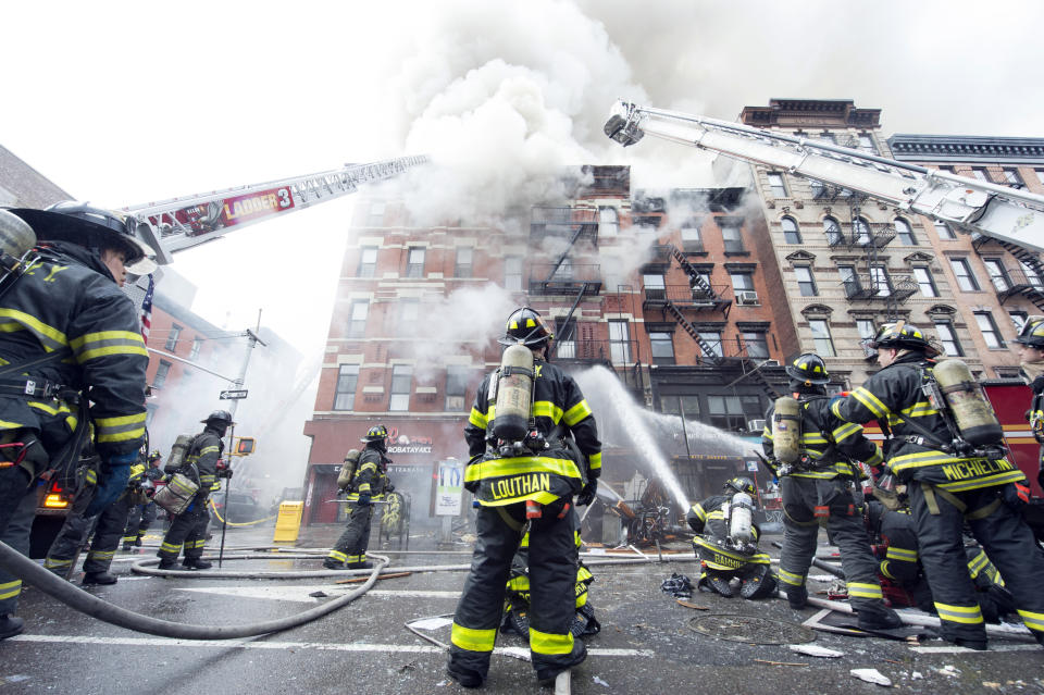 Building at 121 Second Avenue in East Village, near Seventh Street collapsed after it was rocked by a blast and a fierce fire that sent black smoke into the sky.(Photo By: Joe Marino/NY Daily News via Getty Images)