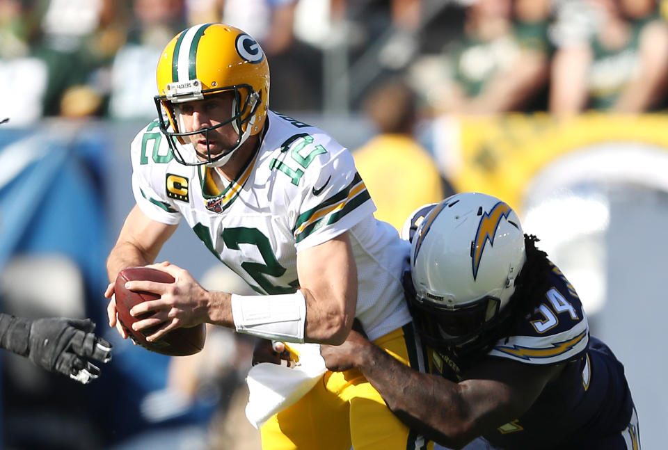 The once-humming offense of Aaron Rodgers and Matt LaFleur ran into a wall in Los Angeles. (Sean M. Haffey/Getty)