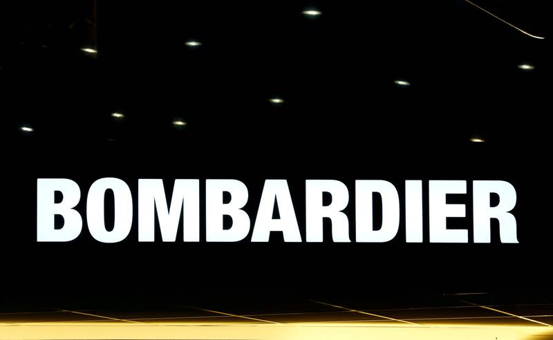 FILE PHOTO: A logo of jet manufacturer Bombardier is pictured on their booth during EBACE in Geneva