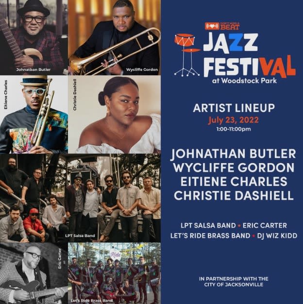 poster for Jazz Festival at Woodstock Park showcasing artist lineup.