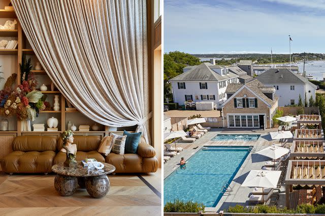 <p>Elizabeth Cecil</p> From left: The lobby of Faraway Martha's Vineyard, a hotel in Edgartown, Massachusetts; the pool at Faraway, with Edgartown Harbor beyond.