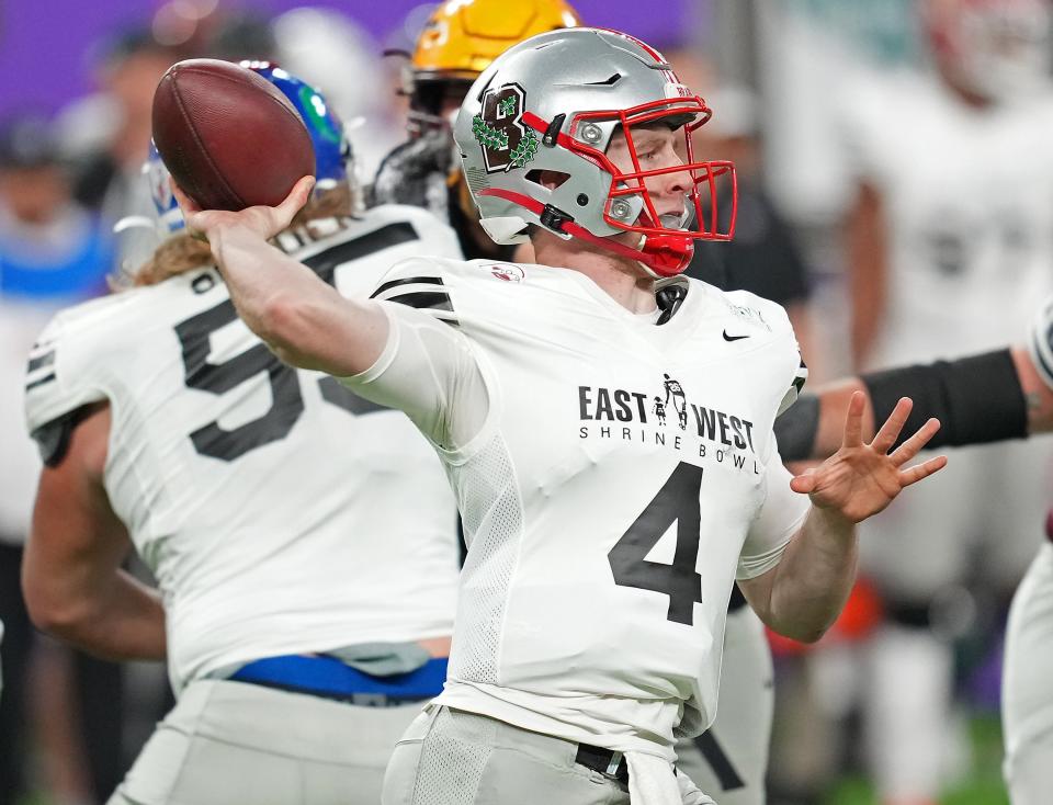 EJ Perry of the East team looks to throw during the East/West Shrine Bowl on Feb. 3 in Las Vegas.