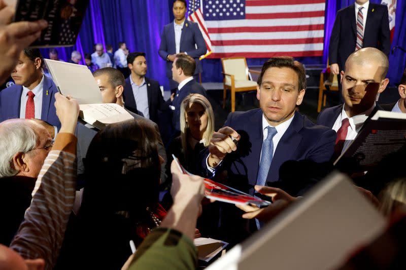 FILE PHOTO: Florida Governor DeSantis makes his first trip to Iowa at a book tour stop at the Iowa State Fairgrounds in Des Moines, Iowa