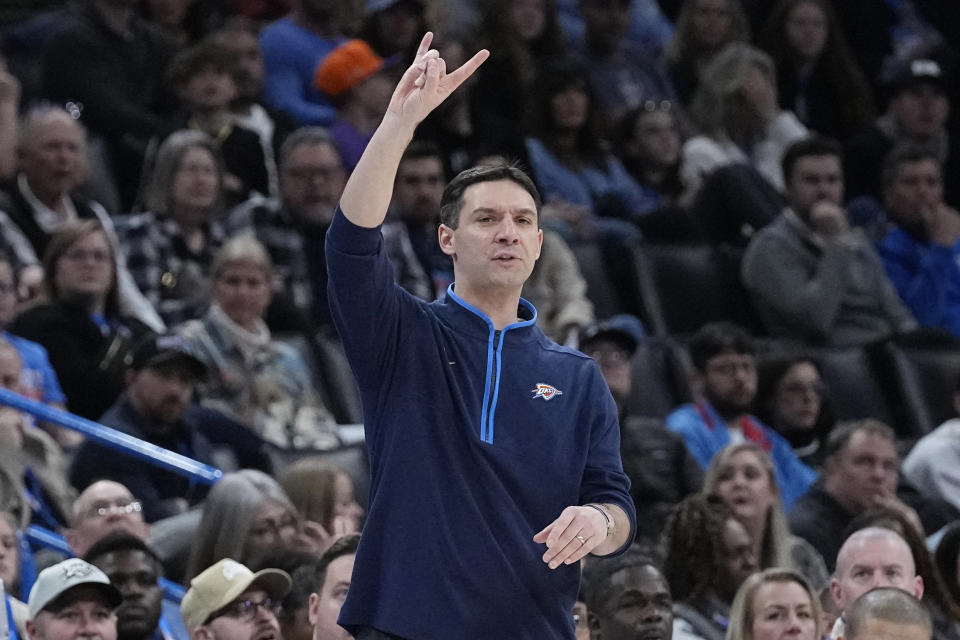 Oklahoma City Thunder head coach Mark Daigneault gestures in the first half of an NBA basketball game against the Phoenix Suns, Sunday, March 19, 2023, in Oklahoma City. (AP Photo/Sue Ogrocki)