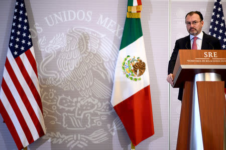 Mexico's Foreign Affairs Minister Luis Videgaray Caso listens during a news conference with US Secretary of State Mike Pompeo at the Ministry of Foreign Affairs in Mexico City, Mexico October 19, 2018 Brendan Smialowski/Pool via REUTERS