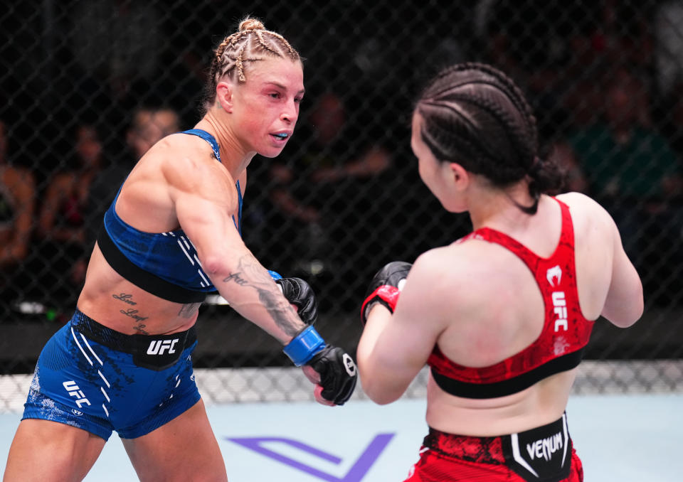 LAS VEGAS, NEVADA – SEPTEMBER 23: (L-R) Hannah Goldy battles Mizuki of Japan in a strawweight fight during the UFC Fight Night event at UFC APEX on September 23, 2023 in Las Vegas, Nevada. (Photo by Chris Unger/Zuffa LLC via Getty Images)