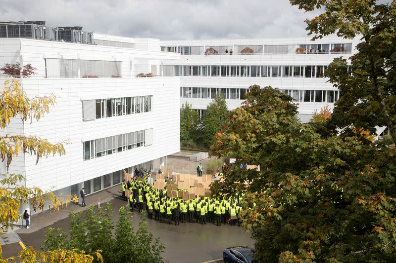 Members of AEROPERS protest in front of the headquarters of Swiss International Air Lines in Kloten