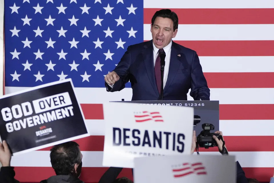 FILE - Republican presidential candidate Florida Gov. Ron DeSantis speaks to supporters during a caucus night party, Jan. 15, 2024, in West Des Moines, Iowa. DeSantis has suspended his Republican presidential campaign after a disappointing showing in Iowa's leadoff caucuses. He ended his White House bid Sunday, Jan. 21, after failing to meet lofty expectations that he would seriously challenge former President Donald Trump. (AP Photo/Charlie Neibergall, File)