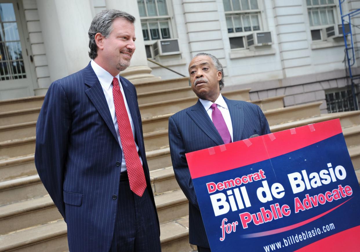 Mayor de Blasio turned his attention to running for Public Advocate in 2009. Here, Reverend Al Sharpton endorses de Blasio for Public Advocate on the steps of City Hall on July 6, 2009.