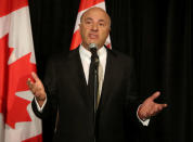 Conservative Party of Canada's leadership candidates Kevin O'Leary speaks at a news conference in Toronto, Canada April 26, 2017. O'Leary announced his withdrawal from the race and his support for Maxime Bernier. REUTERS/Fred Thornhill