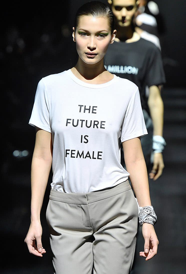 Models walking in the finale of the Prabal Gurung Fall/Winter 2017 collection wore T-shirts with feminist messages. (Photo by Marcelo Soubhia/MCV Photo for the Washington Post via Getty Images)