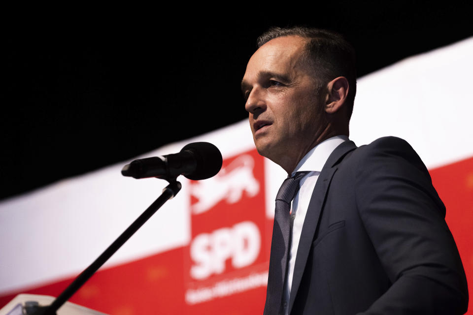 German Federal Foreign Minister Heiko Maas addresses an audience during an election campaign event in Denzlingen, Germany, Friday Aug. 13, 2021. Maas spoke on the further course of action of the Federal Government and its allies regarding the German Embassy in Kabul, Afghanistan. (Philipp von Ditfurth/dpa via AP)