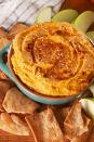 <p>This hummus really walks the line between sweet and savoury. Tastes just as good with cinnamon-sugar pitta crisps as it does with peppers! </p><p>Get the <a href="https://www.delish.com/uk/cooking/recipes/a33978472/pumpkin-hummus-recipe/" rel="nofollow noopener" target="_blank" data-ylk="slk:Pumpkin Hummus;elm:context_link;itc:0;sec:content-canvas" class="link ">Pumpkin Hummus</a> recipe.</p>