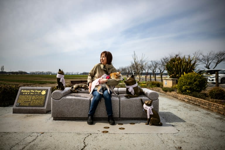 Atsuko Sato sits with her Japanese shiba inu dog Kabosu, best known as the face of the cryptocurrency Dogecoin (Philip FONG)