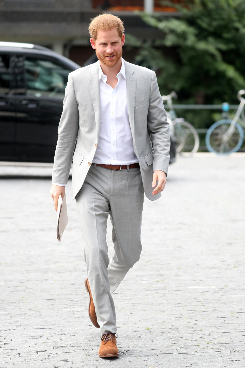 The Duke of Sussex arrived at the launch of his new travel initiative looking relaxed [Photo: Getty]