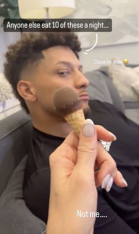 <p>Brittany Mahomes/Instagram</p> Brittany Mahomes jokes about Patrick Mahomes' love of ice cream.