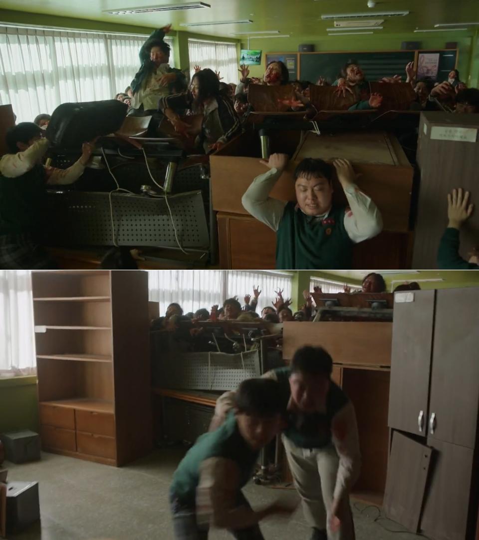 Im Jae-hyuk and Yoon Chan-young hold the perimeter made of desk and chair and then escape together