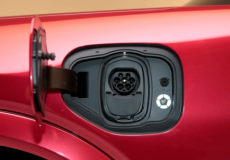 The charging socket is seen on Ford Motor Co's all-new electric Mustang Mach-E vehicle during a photo shoot at a studio in Warren, Michigan