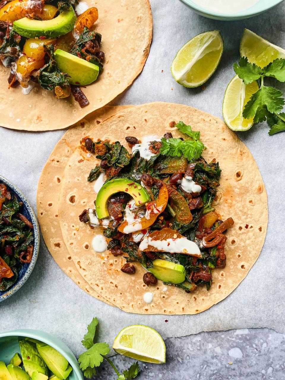 Made with black beans and juicy avocadoes, these fajitas are suitable for vegetarians and a source of fibre and protein (Discover Great Veg)