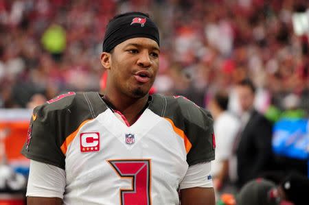 FILE PHOTO: Tampa Bay Buccaneers quarterback Jameis Winston (3) looks on during the second half against the Arizona Cardinals at University of Phoenix Stadium, October 15, 2017; Glendale, AZ, USA. Mandatory Credit: Matt Kartozian-USA TODAY Sports