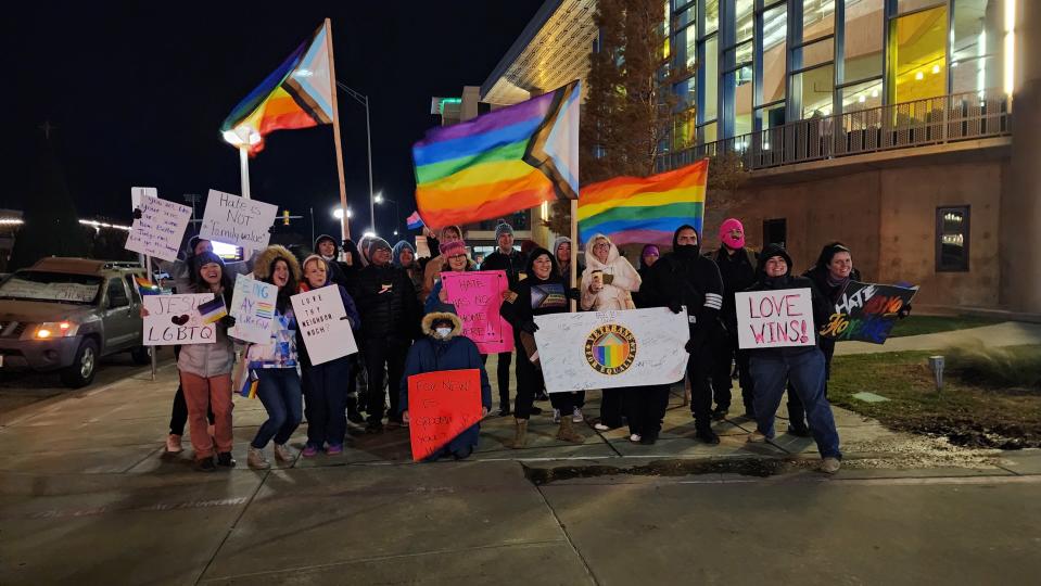 Supporters of the show "A Drag Queen Christmas" gather to counterprotest Tuesday outside of the Globe-News Center for the Performing Arts in downtown Amarillo.