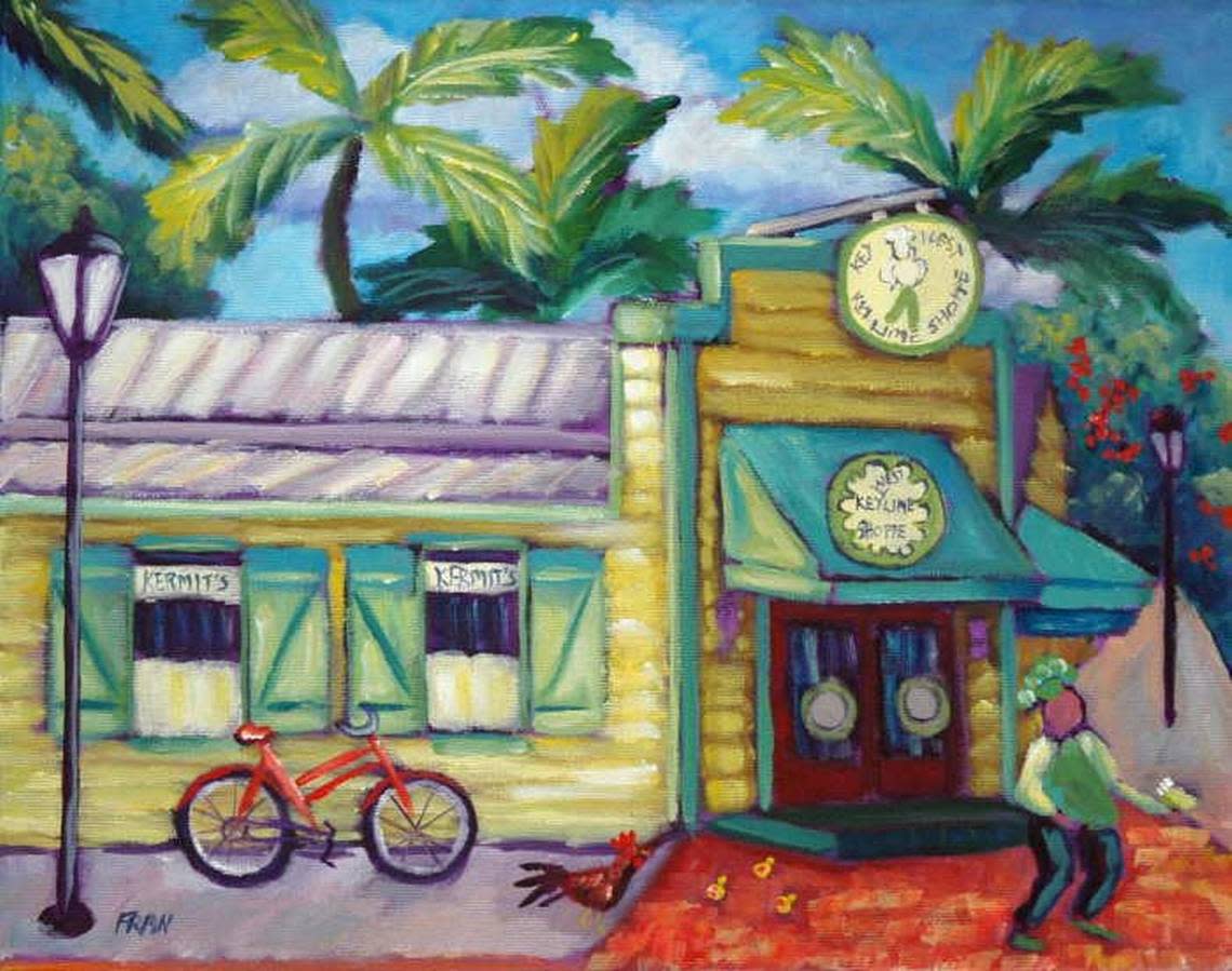 Fran Decker, a Key West artist, made this portrait of Kermit Carpenter outside his shop holding a pie to greet passersby.