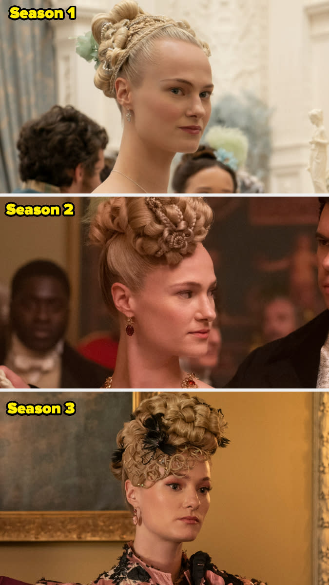 Jessica Madsen shown in three different period costumes and hairstyles from Season 1, Season 2, and Season 3