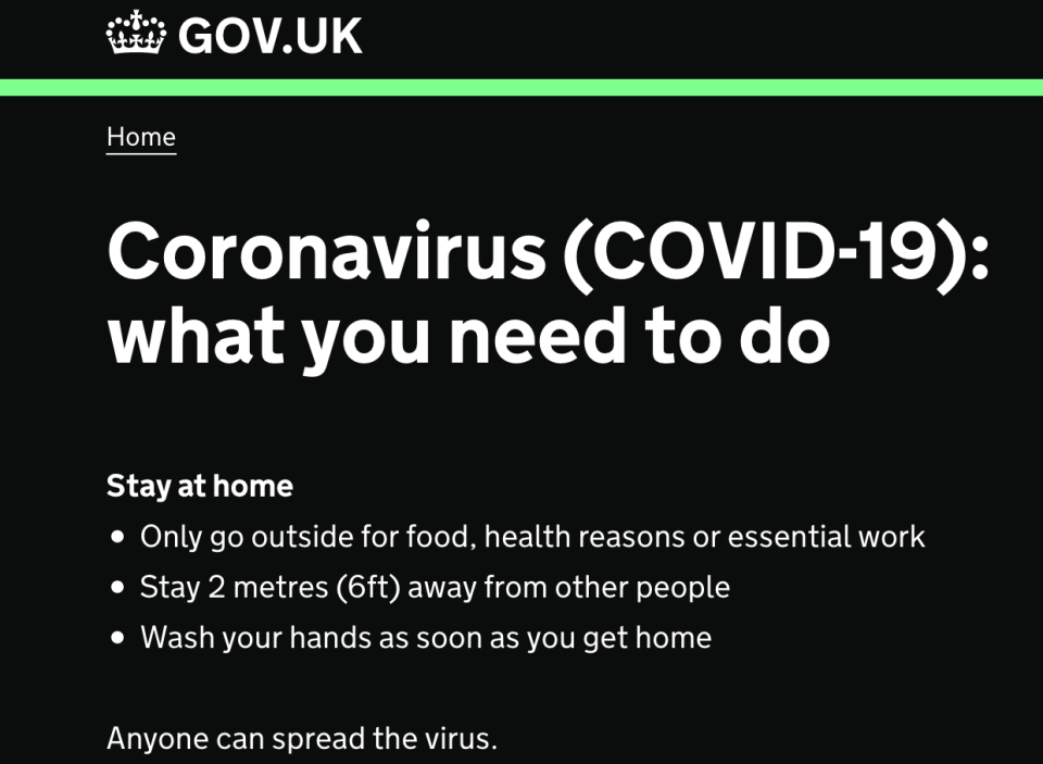 The government's advice was that workers should only go out for 'essential' work, but it was accused of mixed messages (Gov.uk)