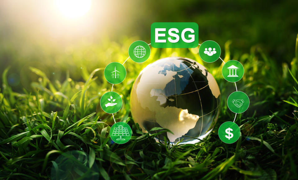 Crystal globe and ESG icons on green background.Environment social and 
governance in sustainable and ethical business.Using technology of renewable resource to reduce pollution.