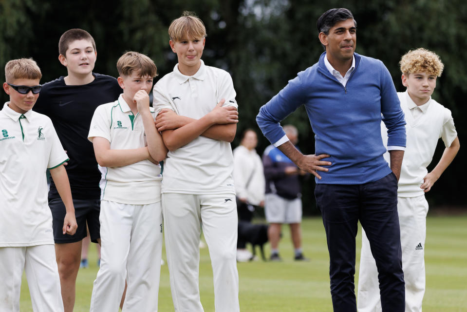 NUNEATON, UNITED KINGDOM - JULY 1: British Prime Minister Rishi Sunak visits Nuneaton Cricket Club as he campaigns in the Midlands on July 1, 2024 in Nuneaton, United Kingdom. The Prime Minister and Conservative leader makes his final appeals to voters, as the election day approaches. (Photo by Dan Kitwood / Getty Images)