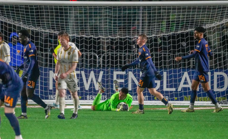 Jackson Lee makes a late save to preserve the 0-0 tie in Rhode Island FC's contest Saturday night against Charleston Battery.