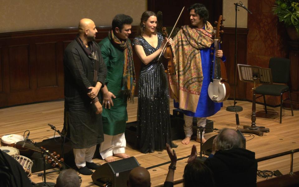 Anubrata Chatterjee, Amaan Ali Bangash, Ayaan Ali Bangash and the violinist Jennifer Pike on stage at the Wigmore Hall - Wigmore Hall Trust