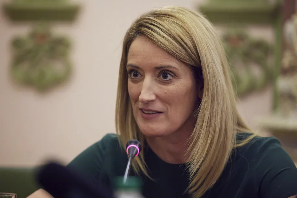 In this photo provided by the Ukrainian Presidential Press Office, President of the European Parliament Roberta Metsola during her meeting with Ukrainian President Volodymyr Zelenskyy in Kyiv, Ukraine, Friday, April 1, 2022. (Ukrainian Presidential Press Office via AP)