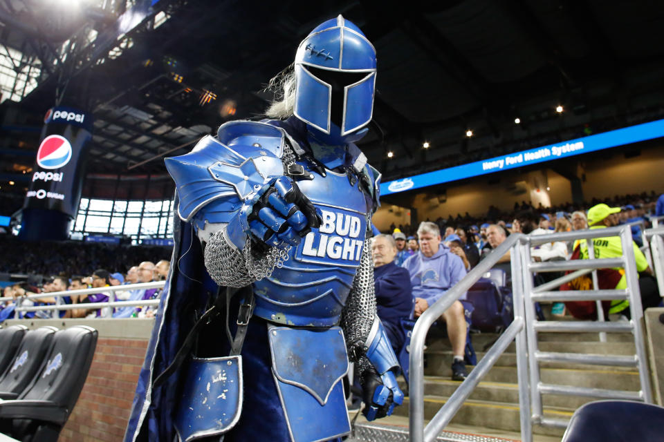 DETROIT, MI - OCTOBER 20:  The Bud Light knight is seen interacting with fans in the stands during regular season game action between the Minnesota Vikings and the Detroit Lions on October 20, 2019 at Ford Field in Detroit, Michigan.  (Photo by Scott W. Grau/Icon Sportswire via Getty Images)