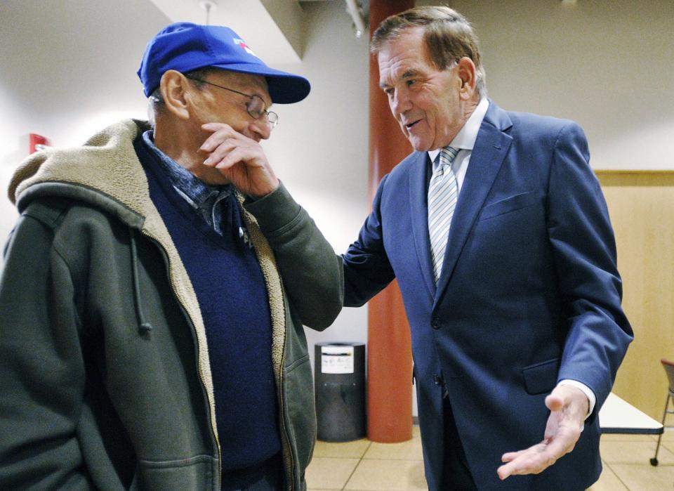 In this Oct. 12, 2018, file photo, Ted "Tweety' Reichert, then 77, left, talks with family friend Tom Ridge, then 73, before the Tom Ridge Environmental Center Sunset Foundation event at the TREC in Millcreek Township. Ridge is a former Pennsylvania Governor and the first Director of Homeland Security.