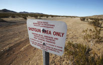 This Jan. 25, 2012, photo shows the site of a proposed station for the high-speed rail line to Las Vegas at the end of the Dale Evans Parkway exit from Interstate 15, on the far outskirts of the Mojave Desert city of Victorville, Calif. Brightline West and U.S. transportation secretary and other officials projecting that millions of ticket-buyers will be boarding trains by 2028. (AP Photo/Reed Saxon)