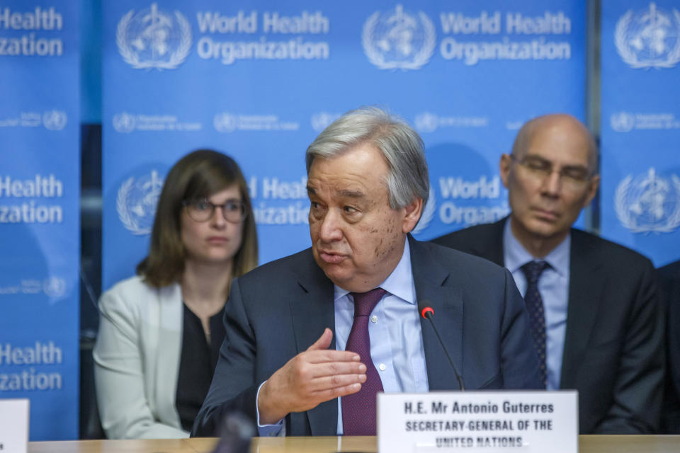 FILE - In this Feb. 24, 2020, file photo, U.N. Secretary-General Antonio Guterres speaks during an update on the situation regarding the COVID-19 at the World Health Organization (WHO) headquarters in Geneva, Switzerland. Communist guerrillas in the Philippines said Wednesday, March 25, 2020, they would observe a ceasefire in compliance with the U.N. chief Guterres' call for a global halt in armed clashes during the coronavirus pandemic. (Salvatore Di Nolfi/Keystone via AP)