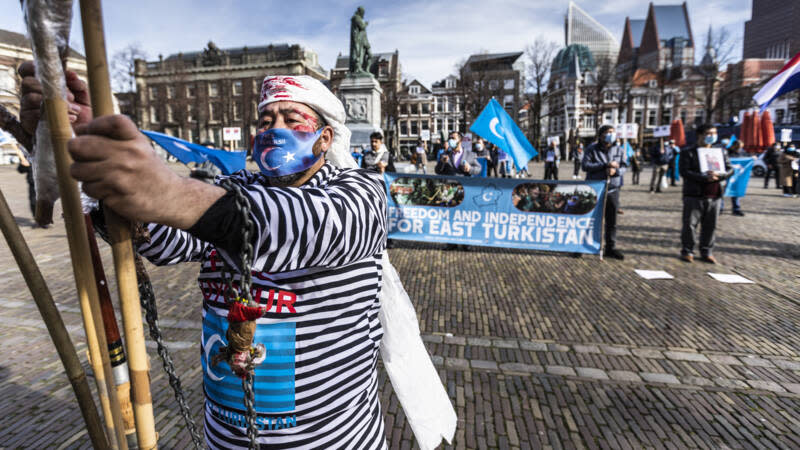 荷蘭民主66黨議員Sjoerd Sjoerdsma，在推特發出之前維吾爾人在荷蘭發起抗議中國的照片。      圖：翻攝自Sjoerd Sjoerdsma推特