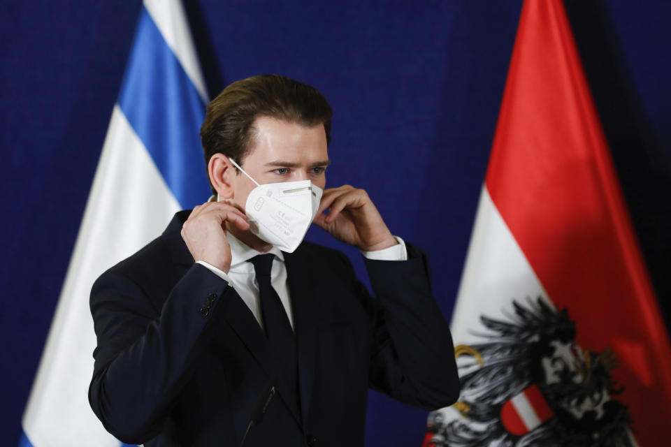 Austrian Chancellor Sebastian Kurz attends a joint statement with the Israeli Prime Minister Benjamin Netanyahu and the Danish Prime Minister Mette Frederiksen at the Israeli Prime minister office in Jerusalem on Thursday, March 4, 2021. (Olivier Fitoussi/Pool Photo via AP)