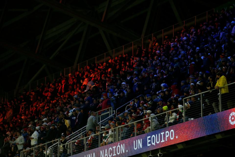 Reds and blue LED lights shine on the upper deck in the first half of a 2022 World Cup CONCACAF qualifying match between Mexico and USA at TQL Stadium in Cincinnati on Friday, Nov. 12, 2021. The score was tied 0-0 at halftime. 