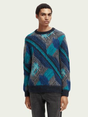 multicolored blue and gray patterned men's crew neck sweater from scotch and soda