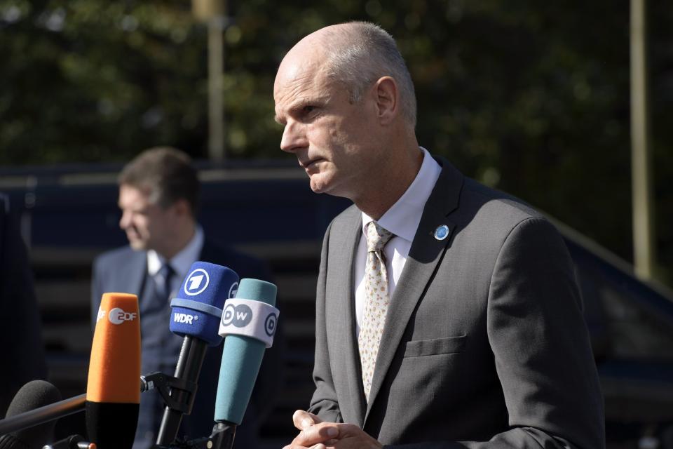 Dutch Foreign Minister Stef Blok arriving to the Informal Meeting of EU Foreign Ministers in Helsinki, Finland, Thursday Aug. 29, 2019. The topics to be discussed at the meeting include the wider Middle East, the Arctic region, hybrid threats and fires raging in the Amazon rainforest. (Markku Ulander/Lehtikuva via AP)