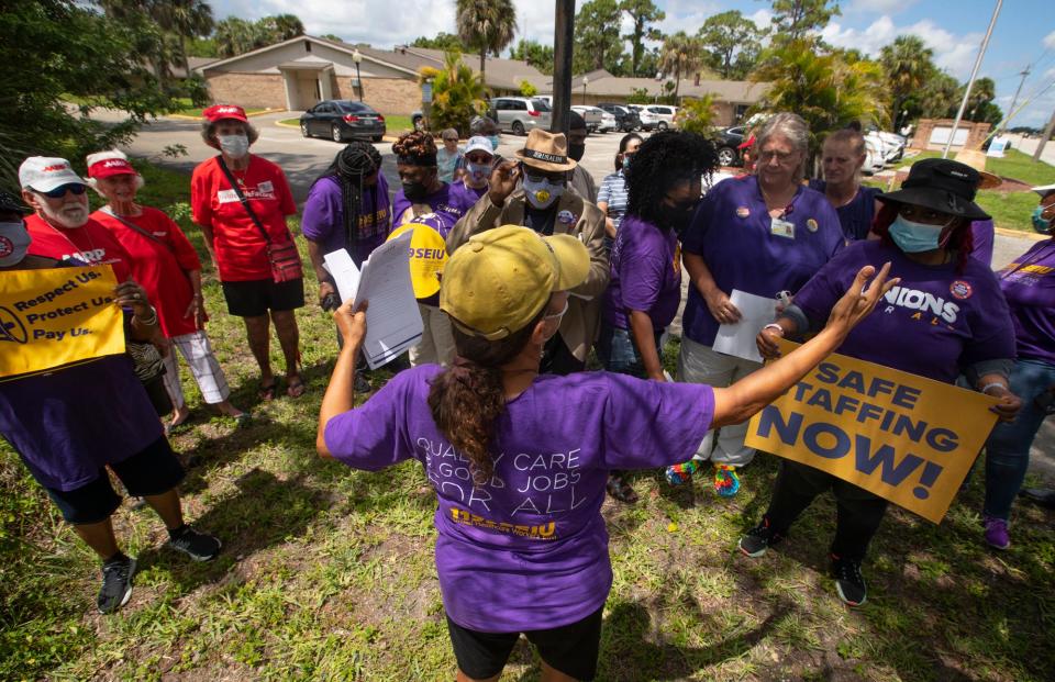 Members of 1199SEIU United Healthcare Workers East held a protest against unsafe staffing levels at nursing homes in Southwest Florida Wednesday, June 8, 2022. They were joined by members of AARP. The protest was held outside of Raydiant Healthcare in North Fort Myers. 