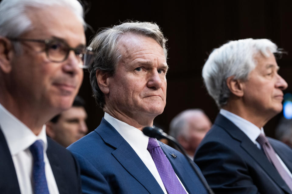 UNITED STATES - DECEMBER 6: CEOs from left, Charles Scharf, Wells Fargo, Brian Moynihan, Bank of America, and Jamie Dimon, JPMorgan Chase, testify during the Senate Banking, Housing, and Urban Affairs Committee hearing titled 