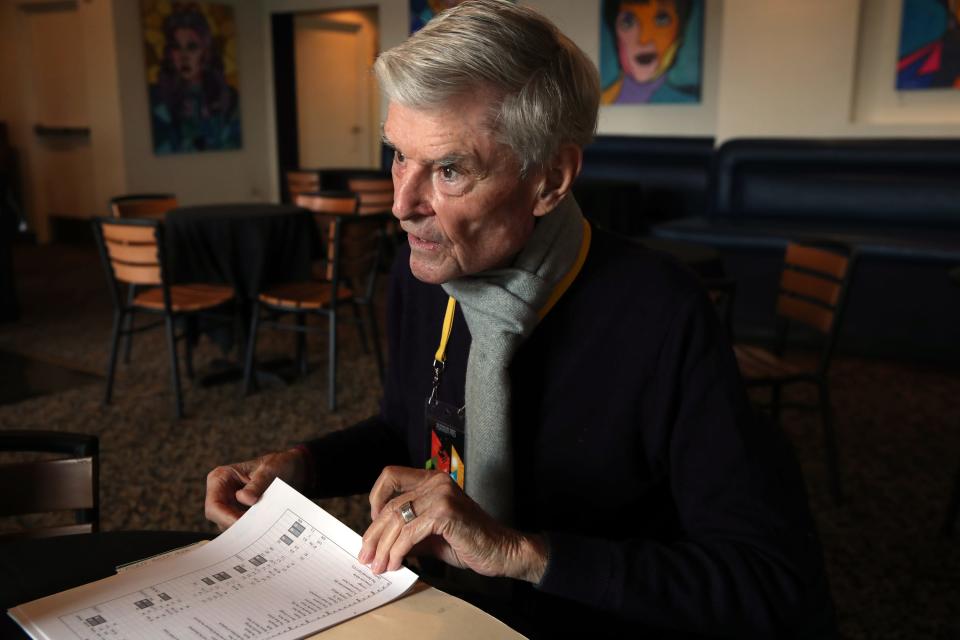 Charles Nisbet, a retired economics professor and Palm Springs International Film Festival pass holder, talks about his method for choosing which films to see in Palm Springs, Calif., on Monday, Jan. 9, 2023. He plans on seeing at least 25 films at this years festival. 