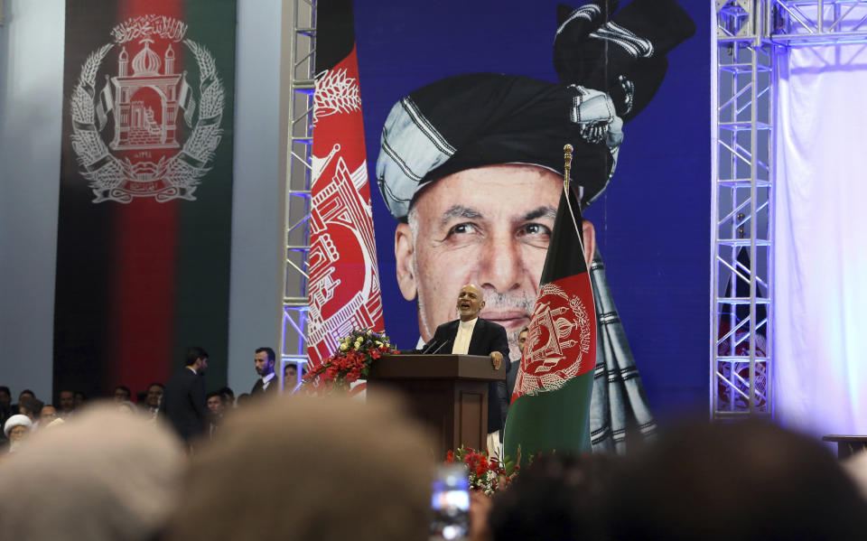 Afghan presidential candidate Ashraf Ghani speaks during the first day of campaigning in Kabul, Afghanistan, Sunday, July 28, 2019. Sunday marked the first day of campaigning for presidential elections scheduled for Sept. 28. President Ghani is seeking a second term on promises of ending the 18-year war but has been largely sidelined over the past year as the U.S. has negotiated directly with the Taliban. (AP Photo/Rahmat Gul)